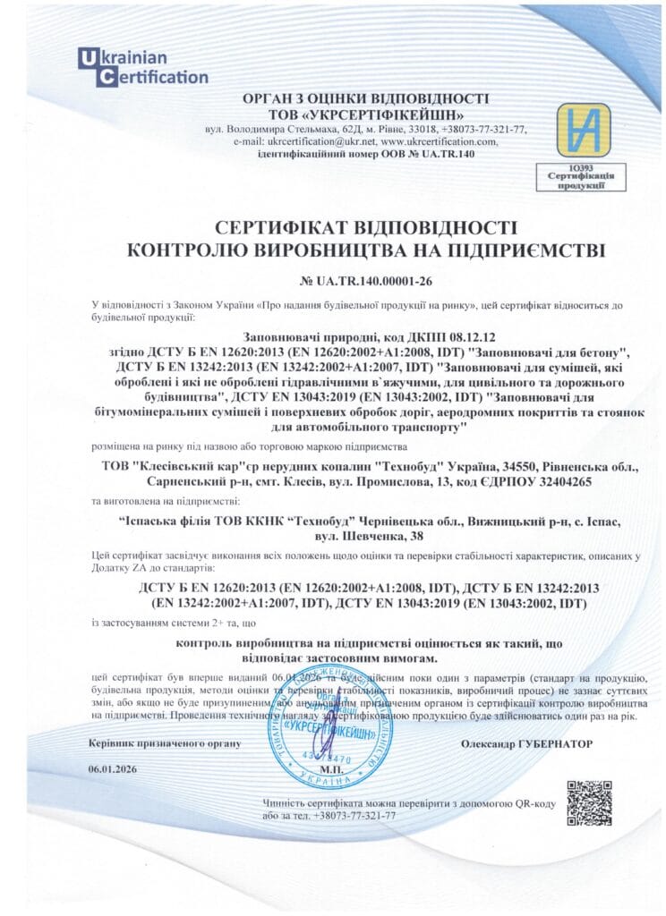 Сертифікат відповідності контролю виробництва на підприємстві №UA.TR.140.00001-26 від 06.01.2026р. Майдан-Іспаський кар'єр