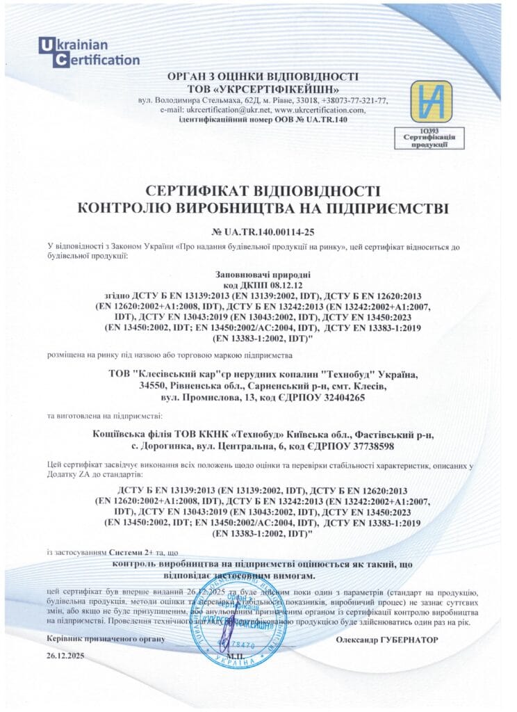 Сертифікат відповідності контролю виробництва на підприємстві №UA.TR.140.00114-25 від 26.12.2025р. Кощіївський гранітний кар'єр